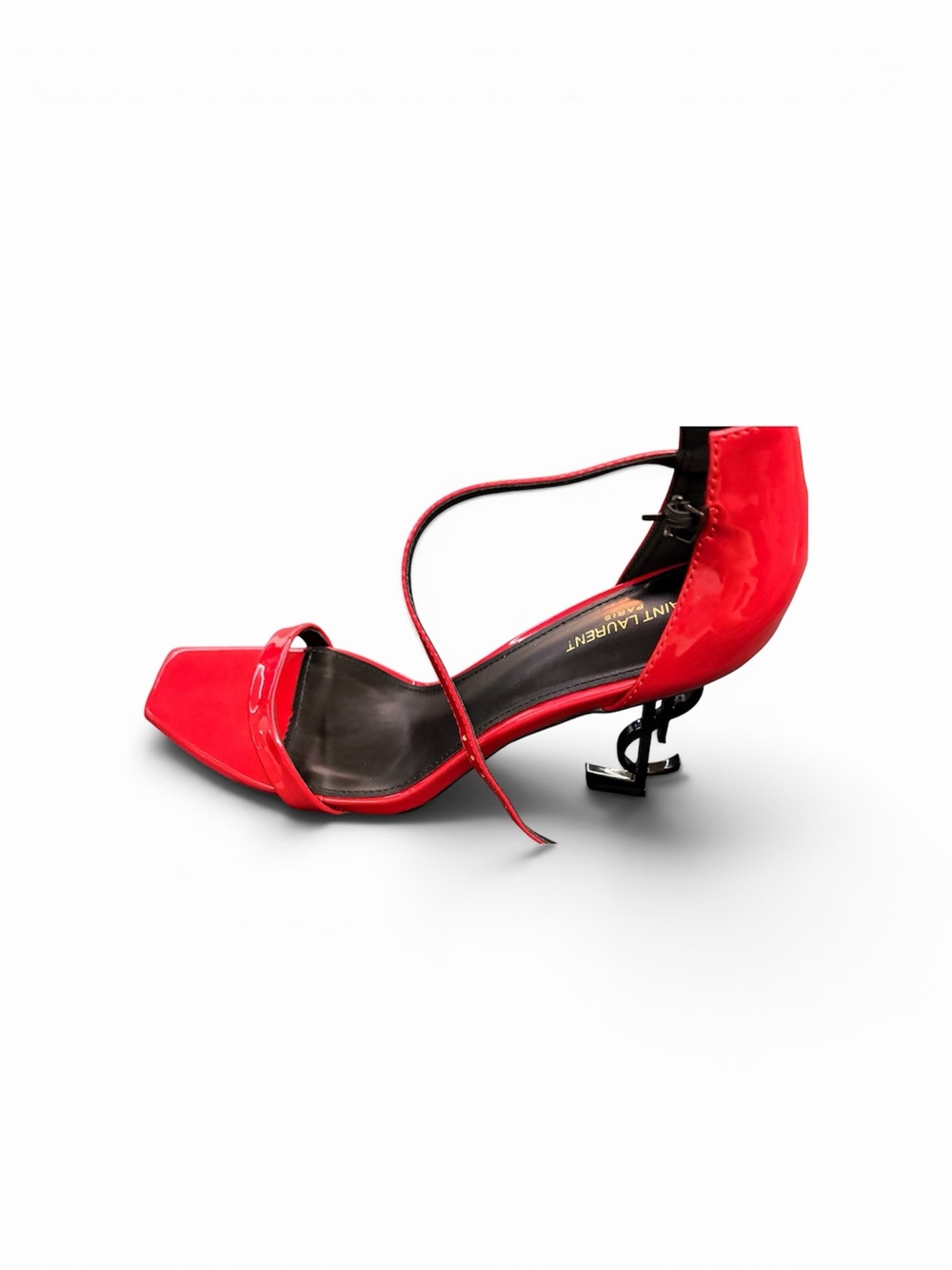 Saint Laurent Red Patent Ankle-Strap Sandal with Sculpted YSL Heel